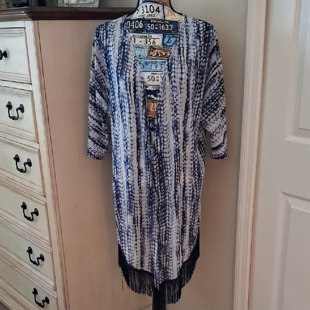 Blue and White Women's Kimono with Fringe
